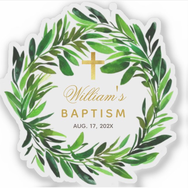Baptism Greenery Wreath Faux Gold Cross Script Sticker (Front)