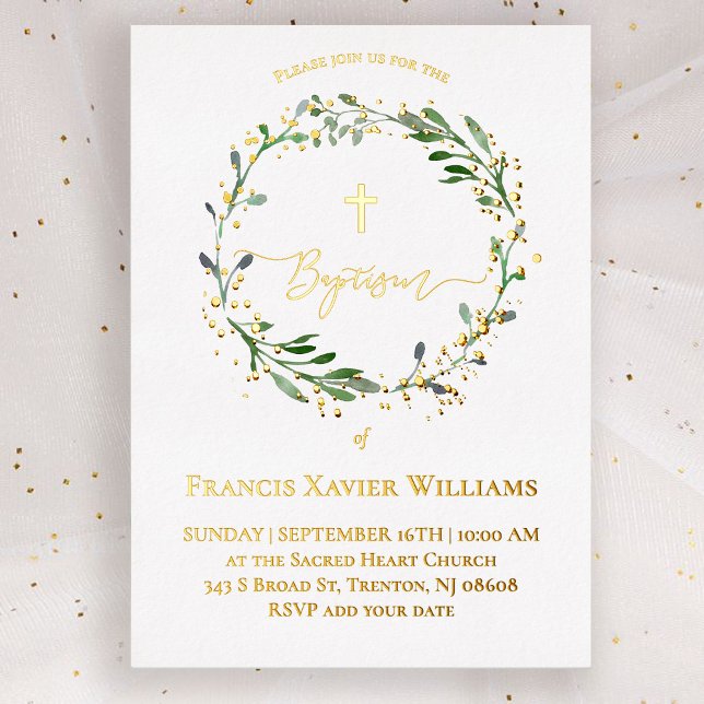 Baptism greenery wreath foil invitation (Creator Uploaded)