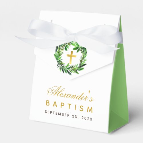 Baptism Greenery Wreath Gold Cross Gender Neutral Favor Boxes