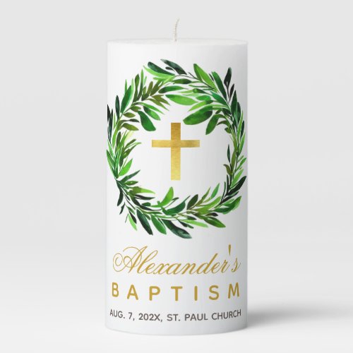 Baptism Greenery Wreath Watercolor Botanical Gold  Pillar Candle