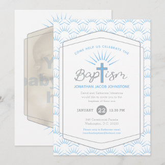 Baptism halo and cross custom photo blue invitation