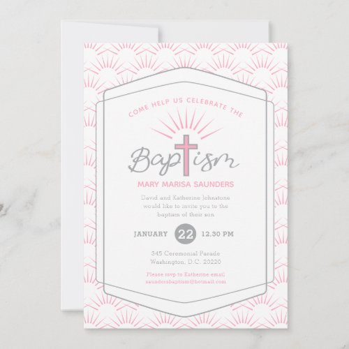 Baptism halo and cross custom photo pink invitation