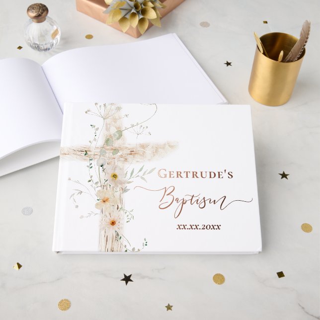 Baptism Holy Cross Foil Guest Book (Front Open)