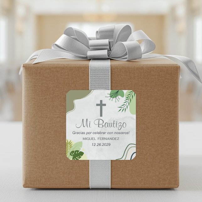 Baptism in Spanish Bautismo Boho Green Leaves Square Sticker (Creator Uploaded)