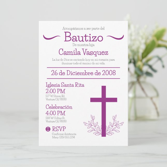 Baptism in Spanish Cute Bautizo Cross and Leaves Invitation (Standing Front)