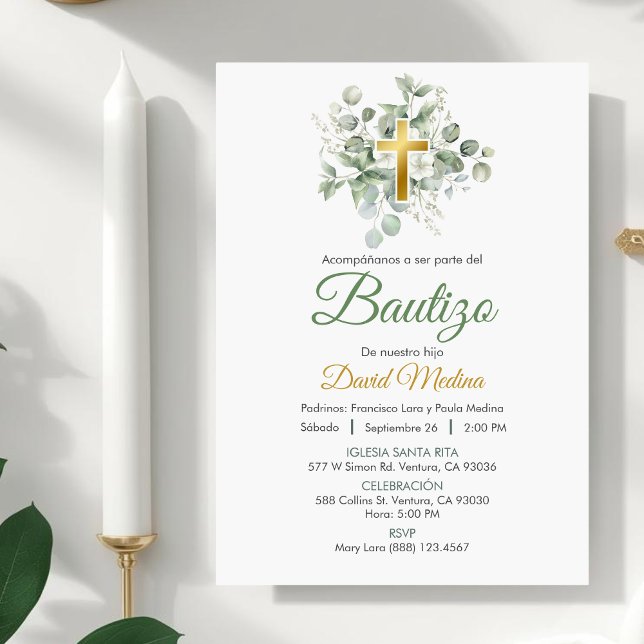 Baptism in Spanish Cute Watercolor Green Leaves Invitation (Creator Uploaded)