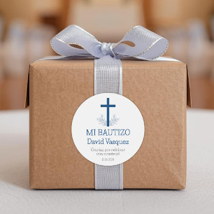 Baptism in Spanish Simple Bautizo Cross and Leaves Classic Round Sticker