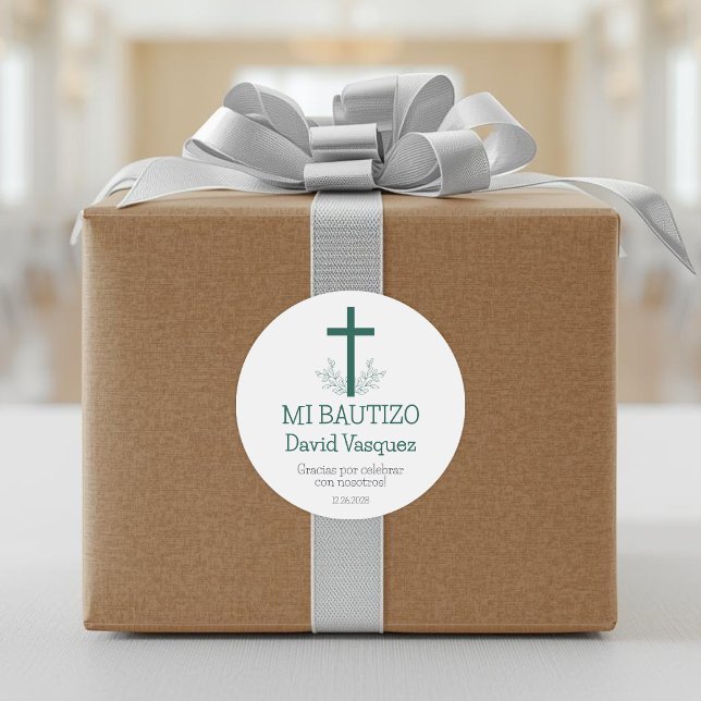 Baptism in Spanish Simple Bautizo Cross and Leaves Classic Round Sticker (Creator Uploaded)