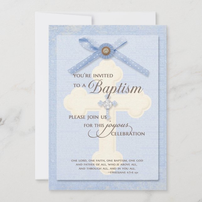 Baptism Invitation - Blue w/ cross & ribbo (Front)