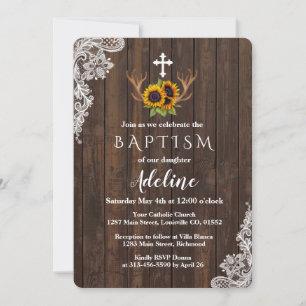 Baptism Invitation Boho Sunflowers Antlers Lace