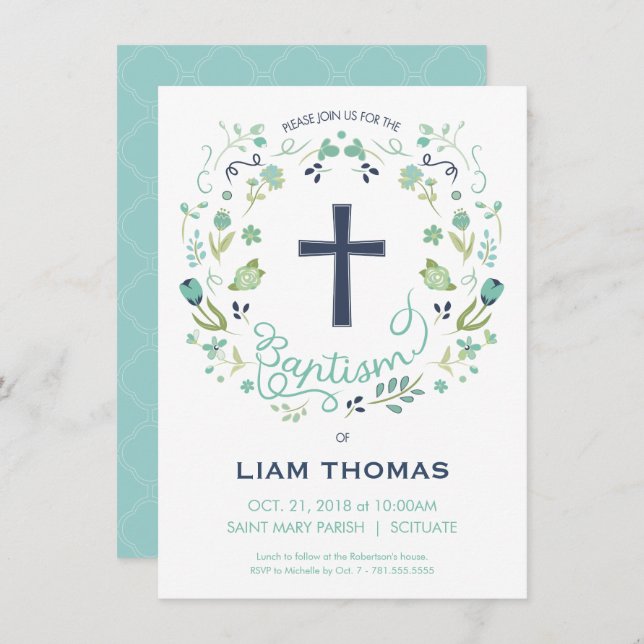 Baptism Invitation - Boy - Customize - with Cross (Front/Back)