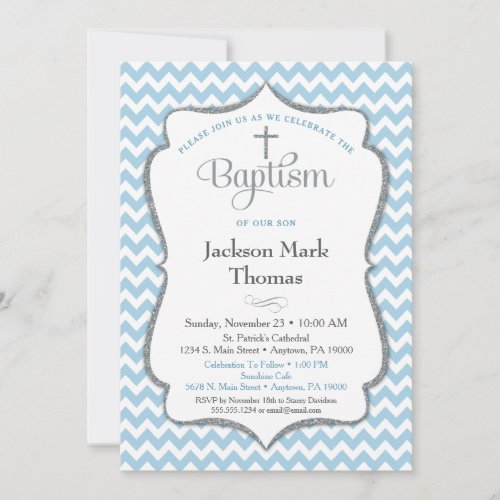 Baptism Invitation Boys Blue Gray Chevron Elegant