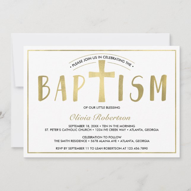 Baptism Invitation, Contemporary, Faux Gold Invitation (Front)
