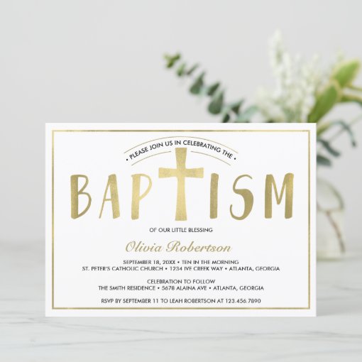 Baptism Invitation, Contemporary, Faux Gold Invitation | Zazzle