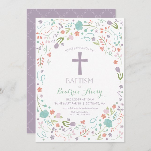 Baptism Invitation - Customize, Flowers, Cross (Front/Back)