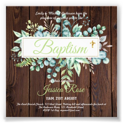 Baptism Invitation Eucalyptus Greenery BUDGET Photo Print