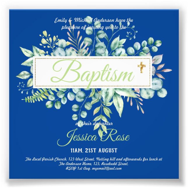 Baptism Invitation Eucalyptus Greenery BUDGET Photo Print (Front)