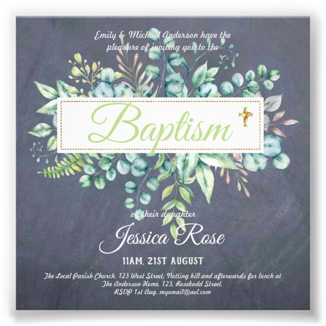 Baptism Invitation Eucalyptus Greenery BUDGET Photo Print (Front)