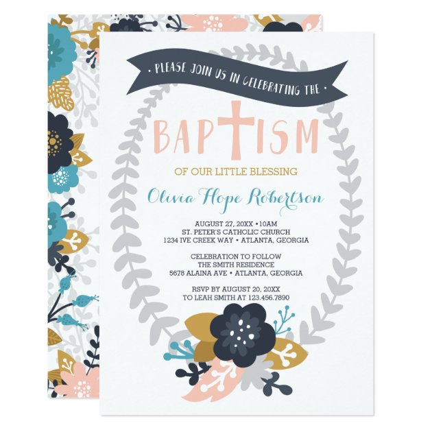 Baptism Invitation, Floral, Contemporary Baptism Card