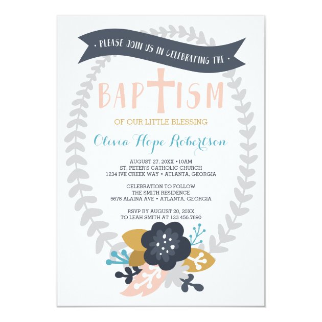 Baptism Invitation, Floral, Contemporary Baptism Card