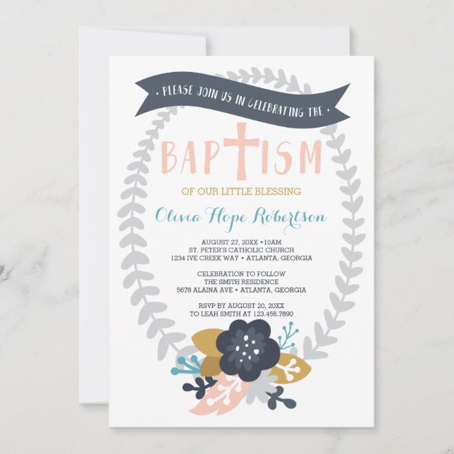 Baptism Invitation, Floral, Contemporary Baptism Invitation (Front)