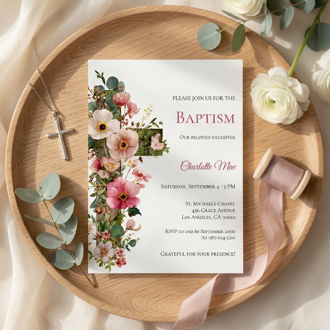 Baptism Invitation Floral Cross Watercolor (Creator Uploaded)