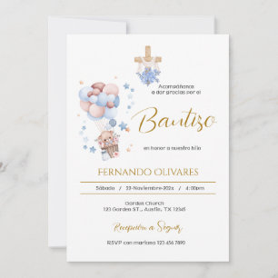 Baptism invitation for bear child and balloons