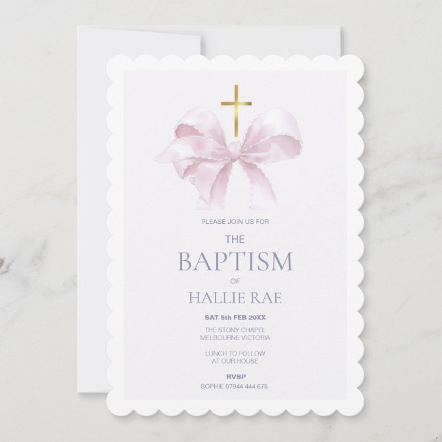 Baptism Invitation for Girl, Modern Pink Bow (Front)