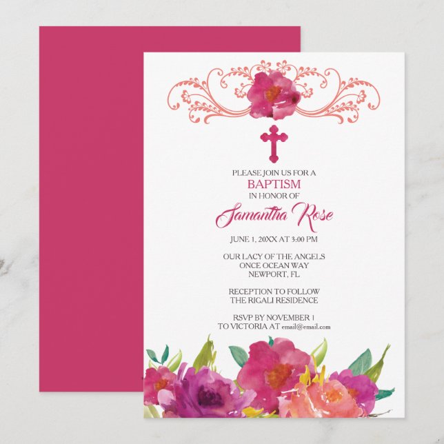 BAPTISM INVITATION, Girl, Pink Roses Invitation (Front/Back)