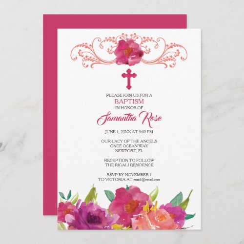 BAPTISM INVITATION Girl Pink Roses Invitation