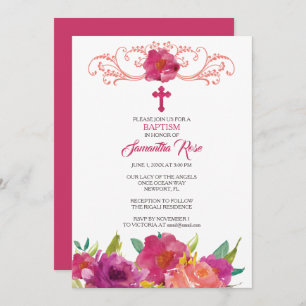 BAPTISM INVITATION, Girl, Pink Roses Invitation