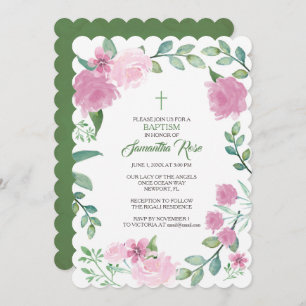 BAPTISM INVITATION, Girl, Pink Roses Invitation