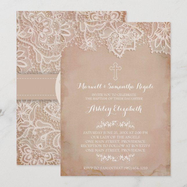 Baptism Invitation, Girl, Vintage Pink Invitation (Front/Back)