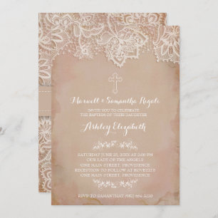 Baptism Invitation, Girl, Vintage Pink Invitation