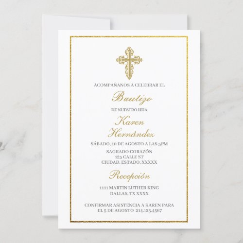 Baptism invitation girl with gold frame