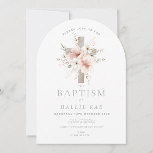 Baptism Invitation Girls Pink Floral Cross Arched 