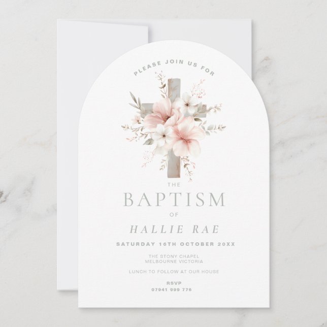Baptism Invitation Girls Pink Floral Cross Arched  (Front)