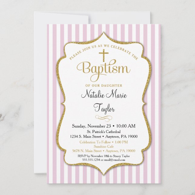 Baptism Invitation Girls Pink Gold Elegant (Front)