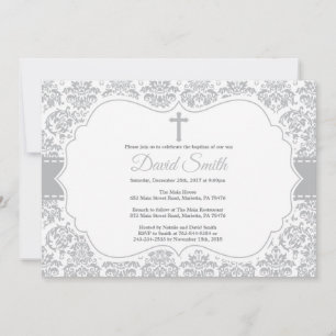 Baptism Invitation Gray Damask