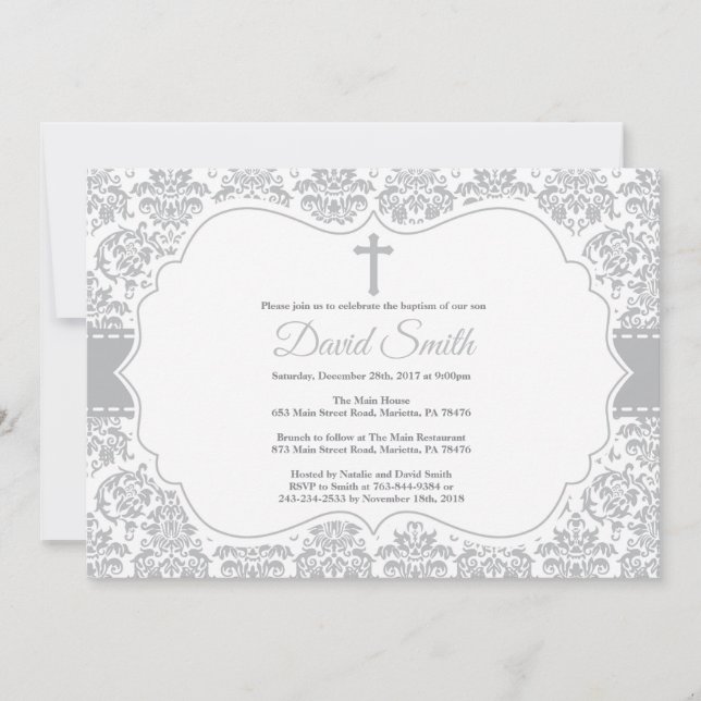 Baptism Invitation Gray Damask (Front)