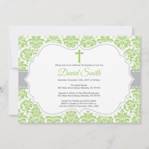 Baptism Invitation Green and Gray Damask