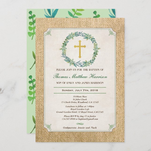 Baptism invitation. Green wreath rustic burlap Invitation (Front/Back)