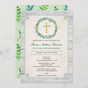 Baptism invitation. Green wreath rustic wood Invitation