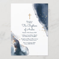 Baptism Invitation - Navy Watercolour Gold Glitter
