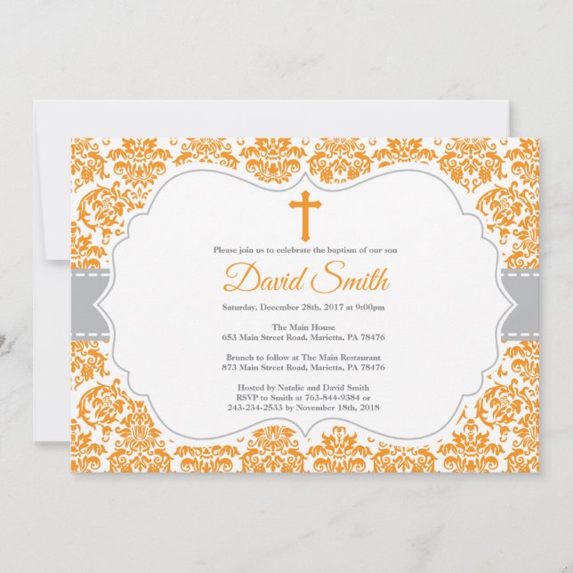 Baptism Invitation Orange and Gray Damask (Front)