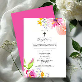 Baptism Invitation Pink Watercolor Flowers