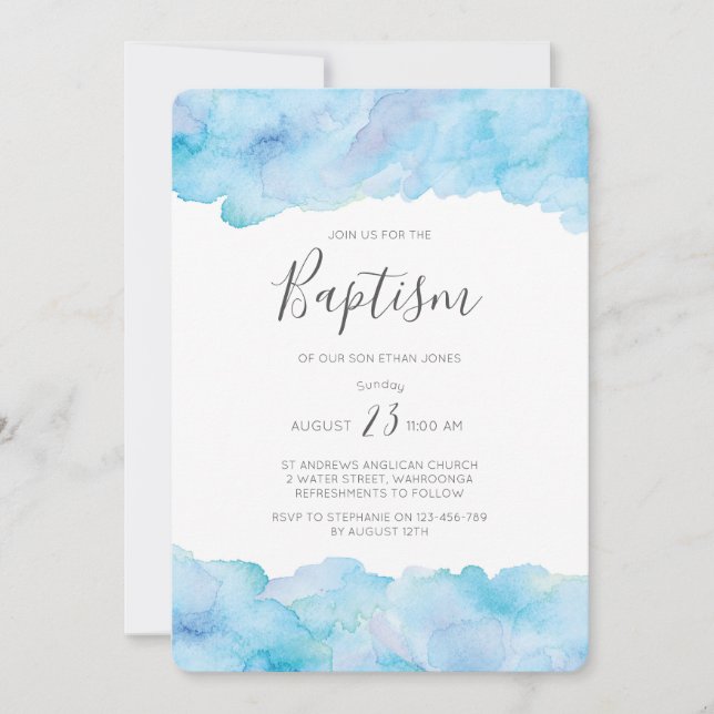 Baptism invitation Salty sea blue watercolour (Front)