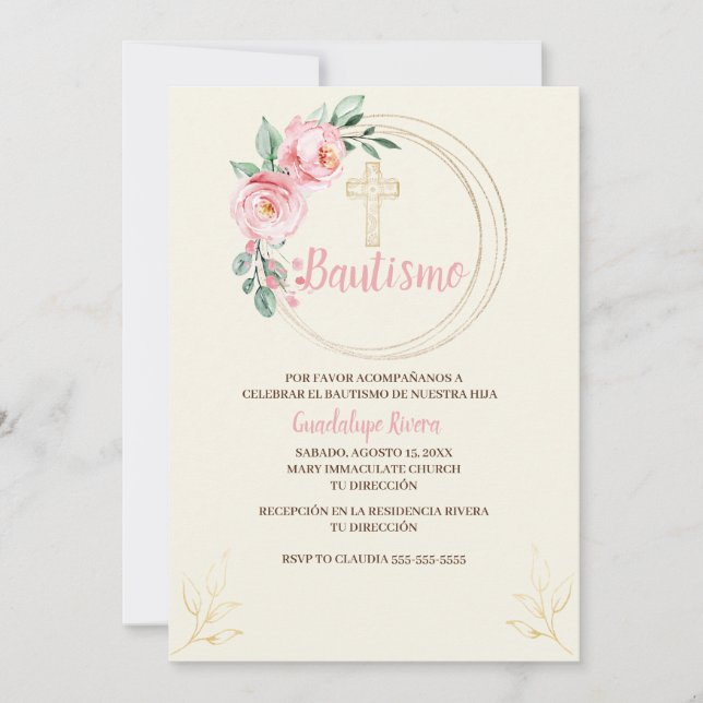 Baptism Invitation Spanish, Blush Pink Floral (Front)