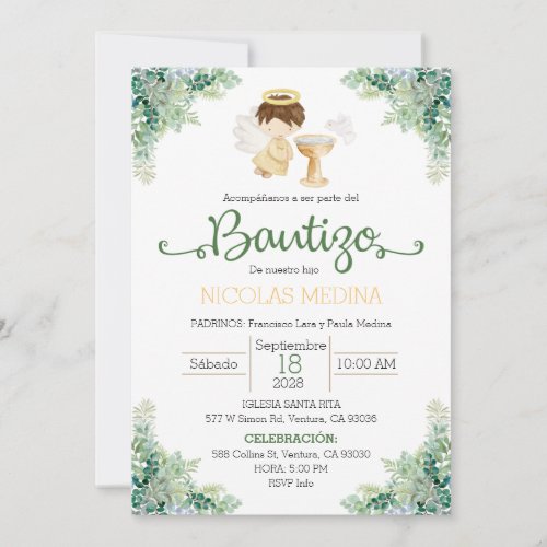 Baptism Invitation Spanish boy greenery 