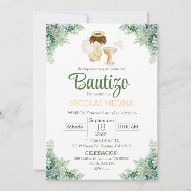 Baptism Invitation Spanish boy greenery  (Front)